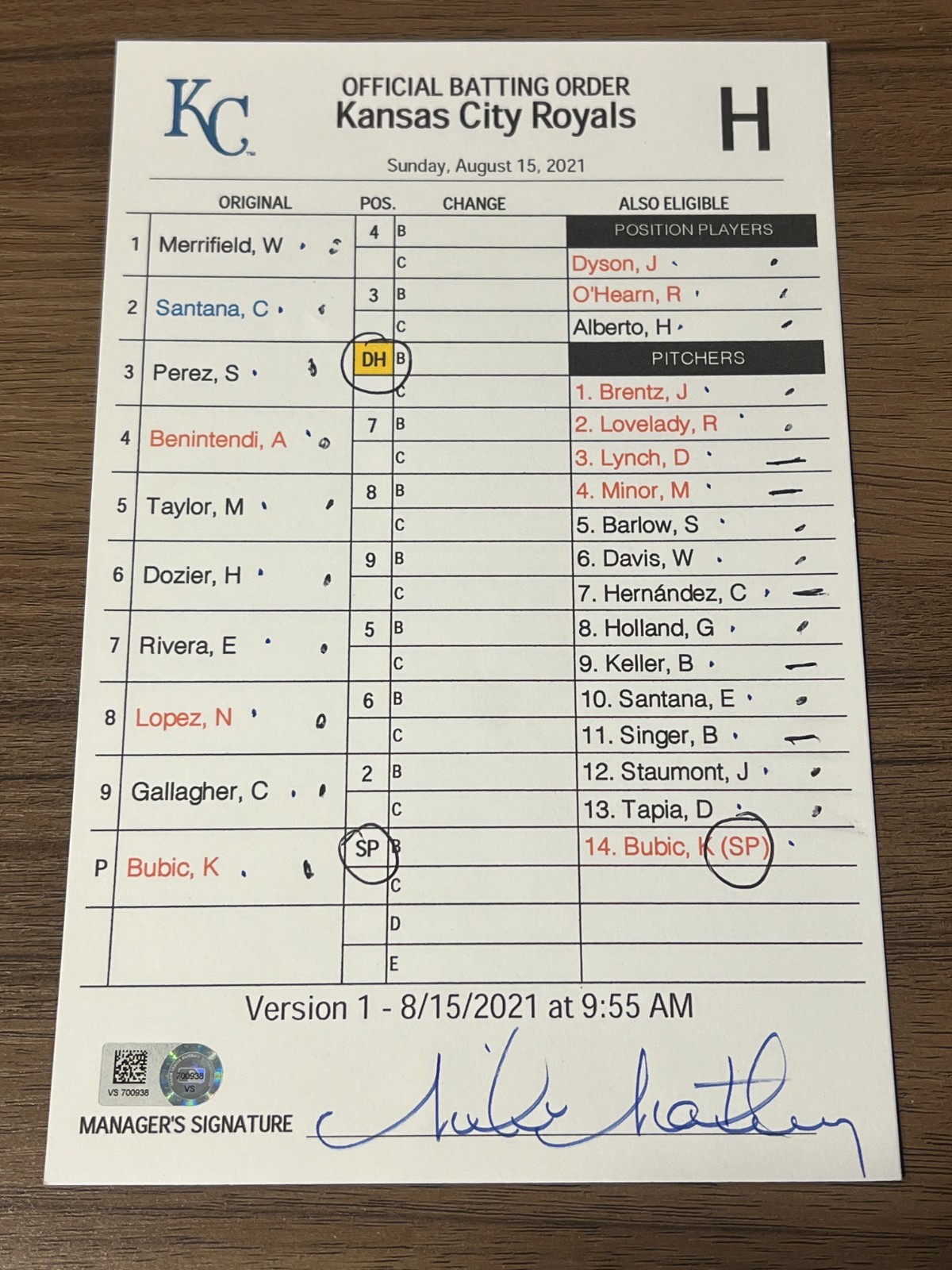 2021 GAME USED KANSAS CITY ROYALS BASEBALL UMPIRE LINE UP CARD 8/15 BUBIC