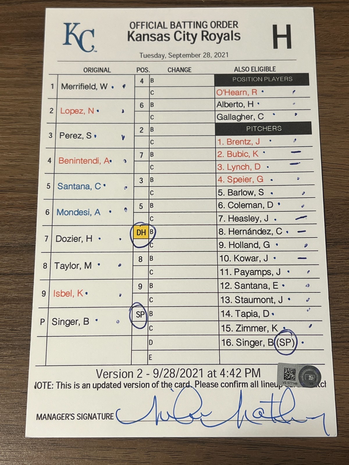 2021 GAME USED KANSAS CITY ROYALS BASEBALL UMPIRE LINE UP CARD 9/28