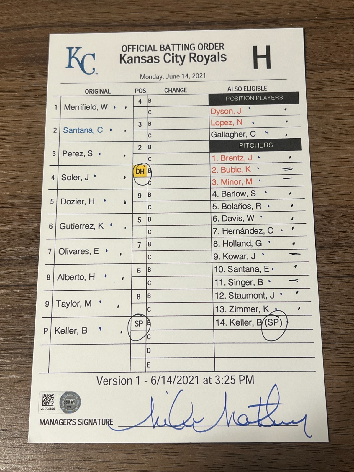 2021 GAME USED KANSAS CITY ROYALS BASEBALL UMPIRE LINE UP CARD 6/14