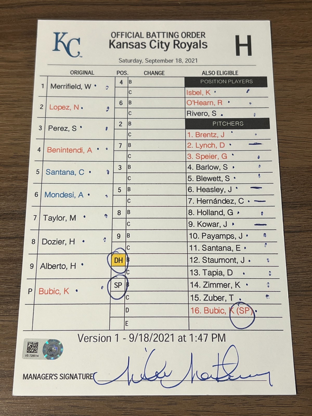 2021 GAME USED KANSAS CITY ROYALS BASEBALL UMPIRE LINE UP CARD 9/18 KRIS BUBIC