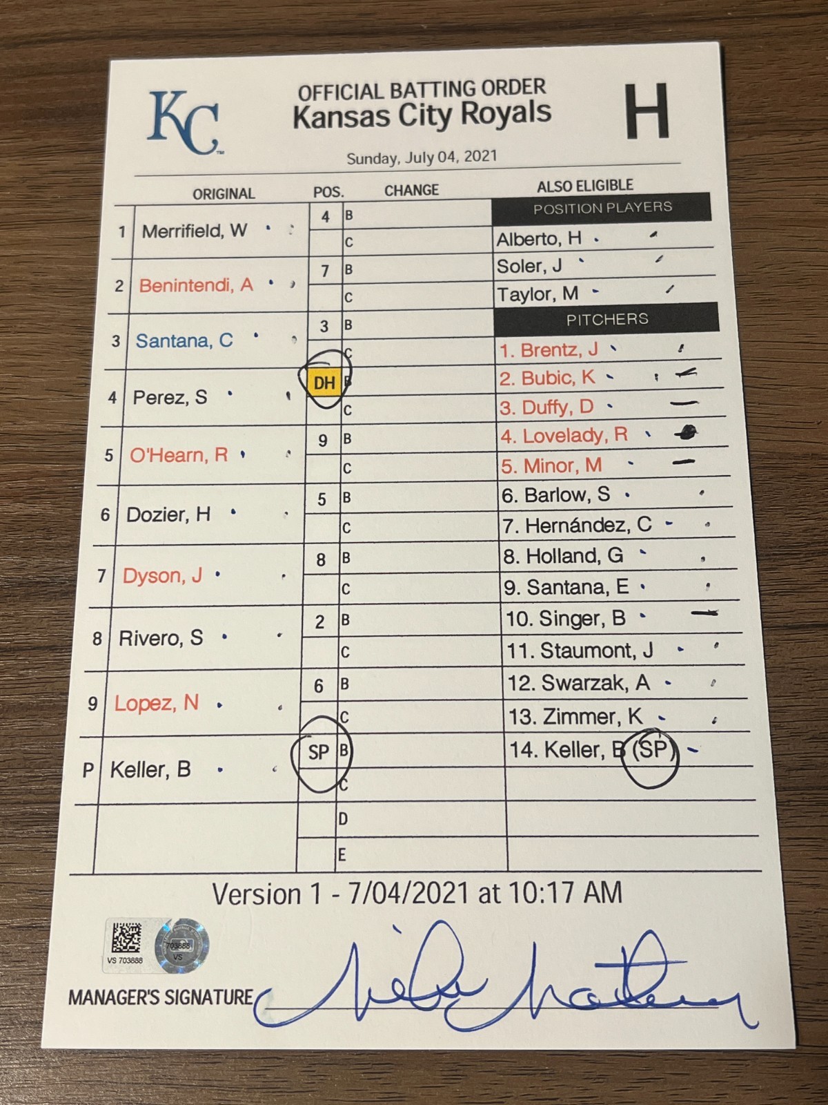 2021 GAME USED KANSAS CITY ROYALS BASEBALL UMPIRE LINE UP CARD 7/4