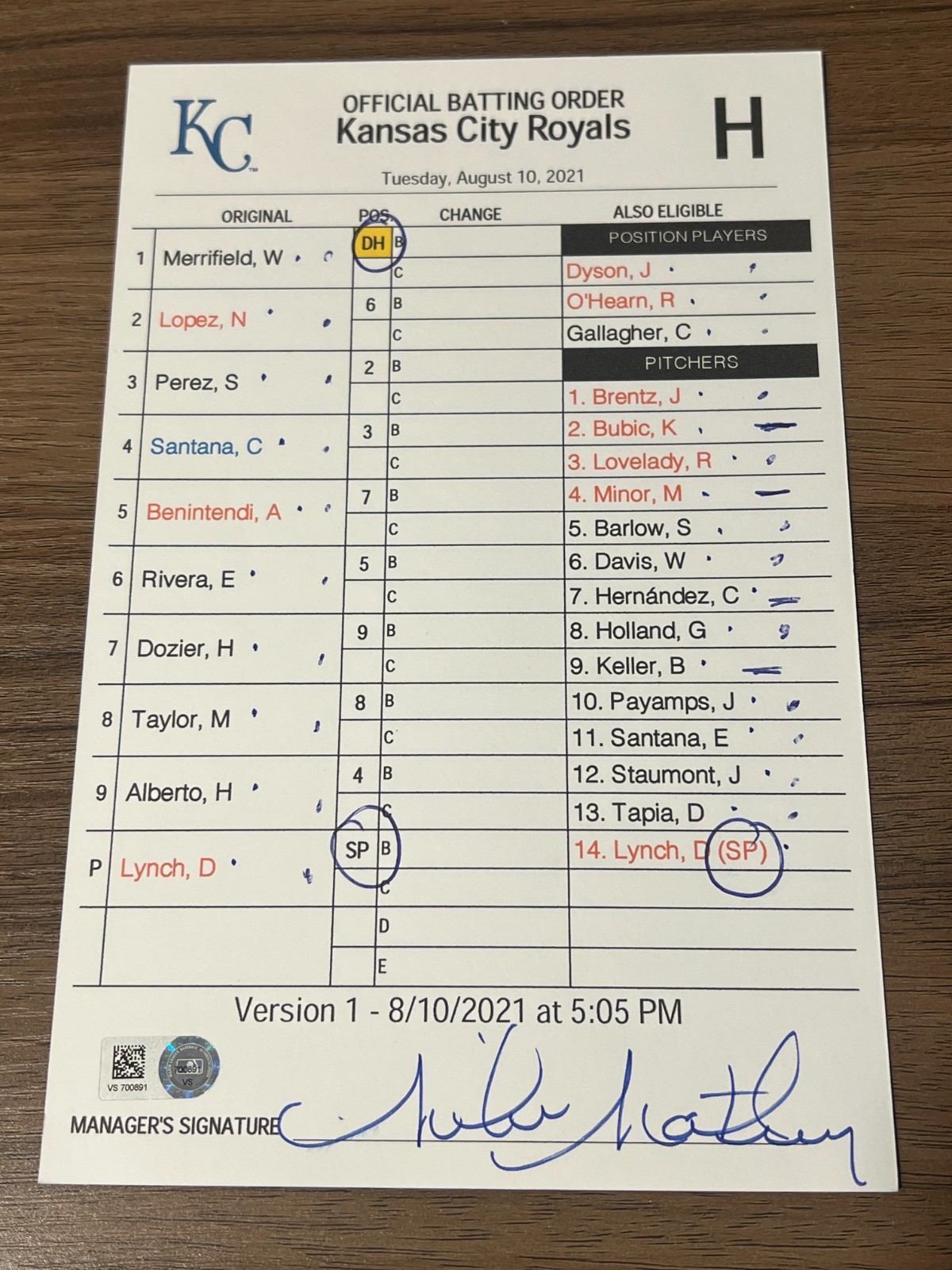 2021 GAME USED KANSAS CITY ROYALS BASEBALL UMPIRE LINE UP CARD 8/10 SALVY 2 HR