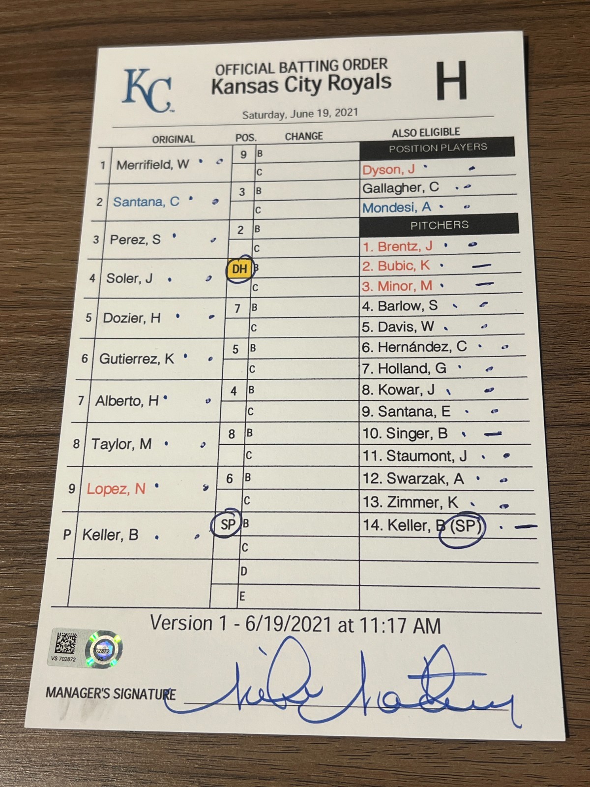 2021 GAME USED KANSAS CITY ROYALS BASEBALL UMPIRE LINE UP CARD 6/19