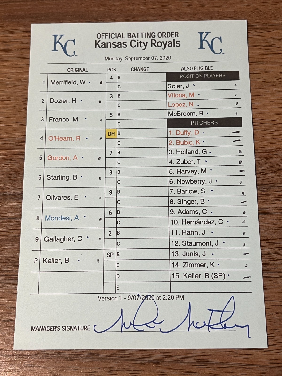 2020 GAME USED KANSAS CITY ROYALS BASEBALL UMPIRE LINE UP CARD 9/7