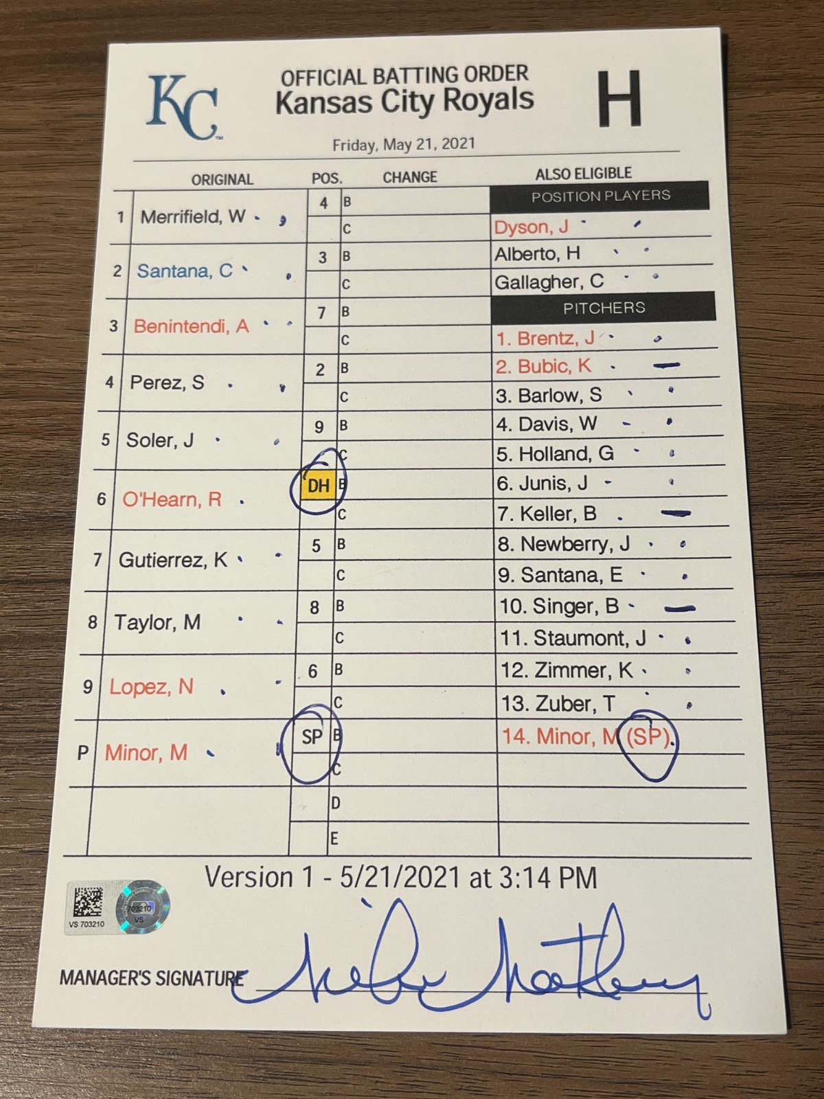 2021 GAME USED KANSAS CITY ROYALS BASEBALL UMPIRE LINE UP CARD 5/21