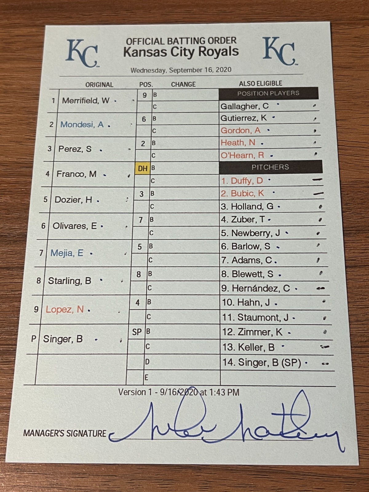 2020 GAME USED KANSAS CITY ROYALS BASEBALL UMPIRE LINE UP CARD 9/16 SINGER