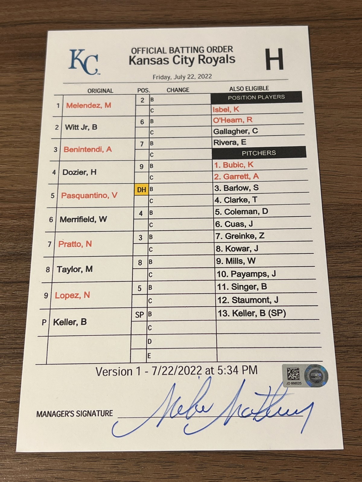 GAME USED ROYALS BASEBALL UMPIRE LINE UP CARD 7/24 2022 BOBBY WITT JR HIT ROOKIE
