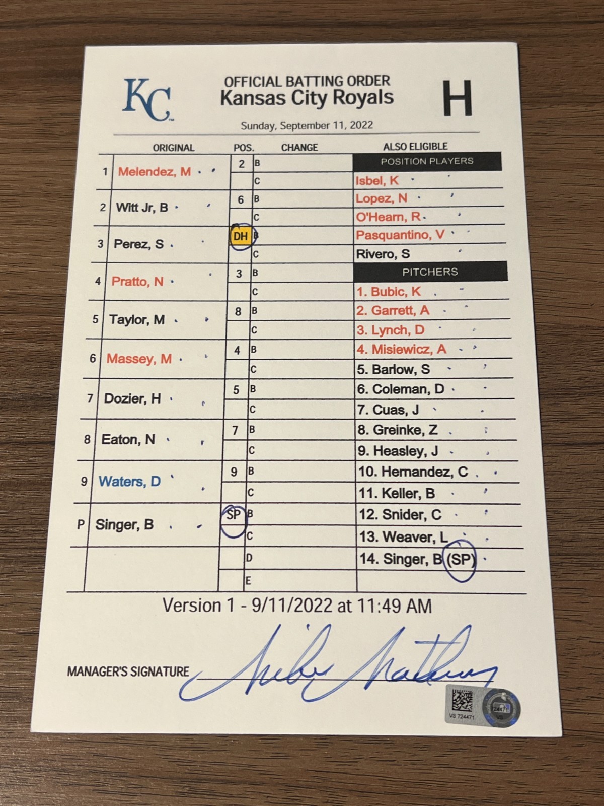 GAME USED ROYALS BASEBALL UMPIRE LINE UP CARD 9/11 2022 BOBBY WITT JR 2 HITS