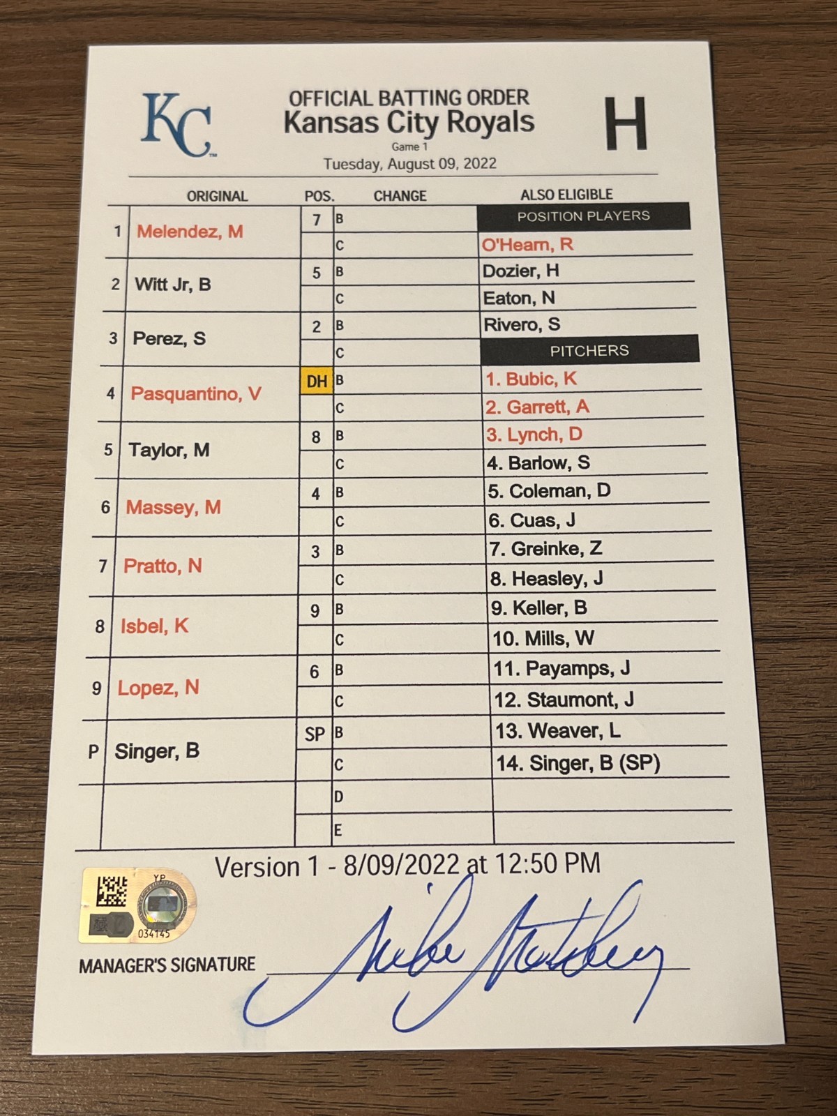 GAME USED ROYALS BASEBALL UMPIRE LINE UP CARD 8/9 GM 1 2022 BOBBY WITT JR ROOKIE