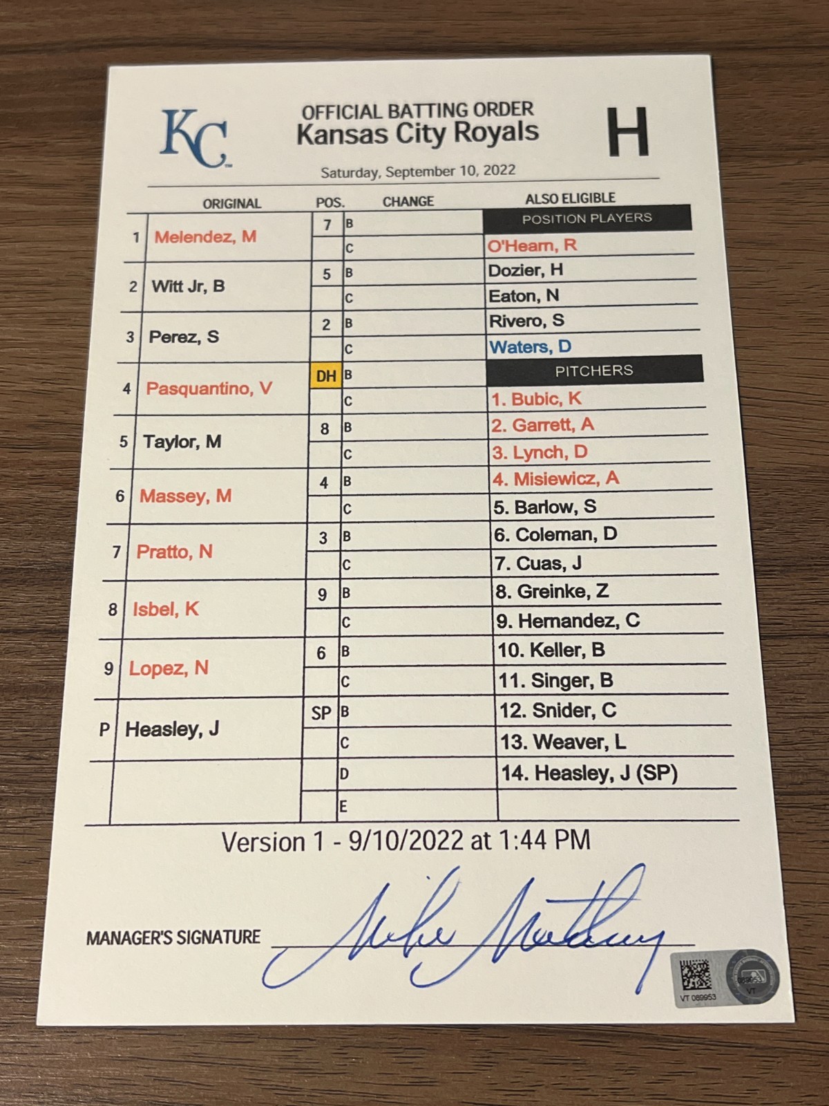 GAME USED ROYALS BASEBALL UMPIRE LINE UP CARD 9/9 2022 BOBBY WITT JR HIT RBI