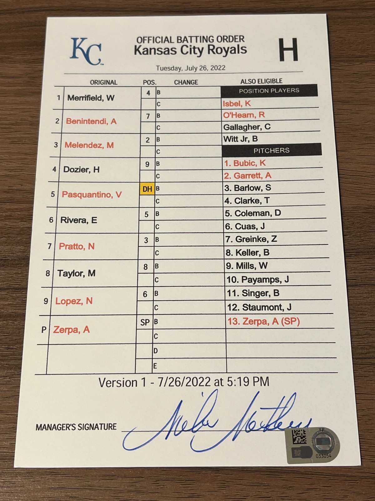 GAME USED KANSAS CITY ROYALS BASEBALL UMPIRE LINE UP CARD 7/26 2022