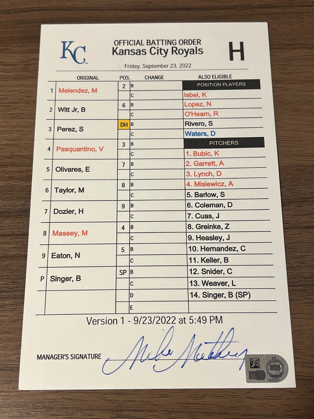 GAME USED ROYALS BASEBALL UMPIRE LINE UP CARD 9/23 2022 BOBBY WITT JR HIT ROOKIE