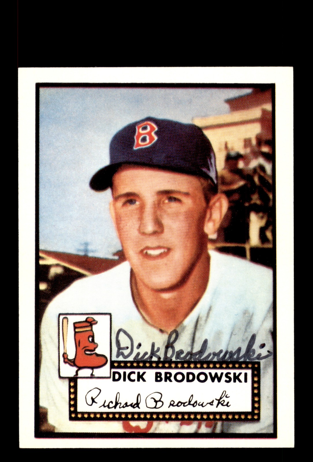 Signed Baseball Card Auto Dick Brodowski 1983 Topps 1952 Reprint #404 Red Sox