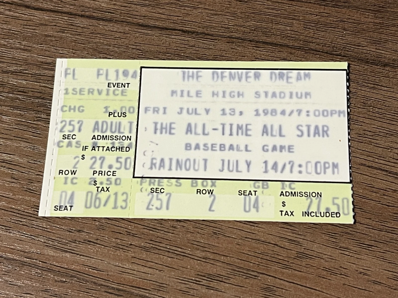 VTG Baseball Ticket 7/13 1984 The Denver Dream All-Time All Star Mile High Dream