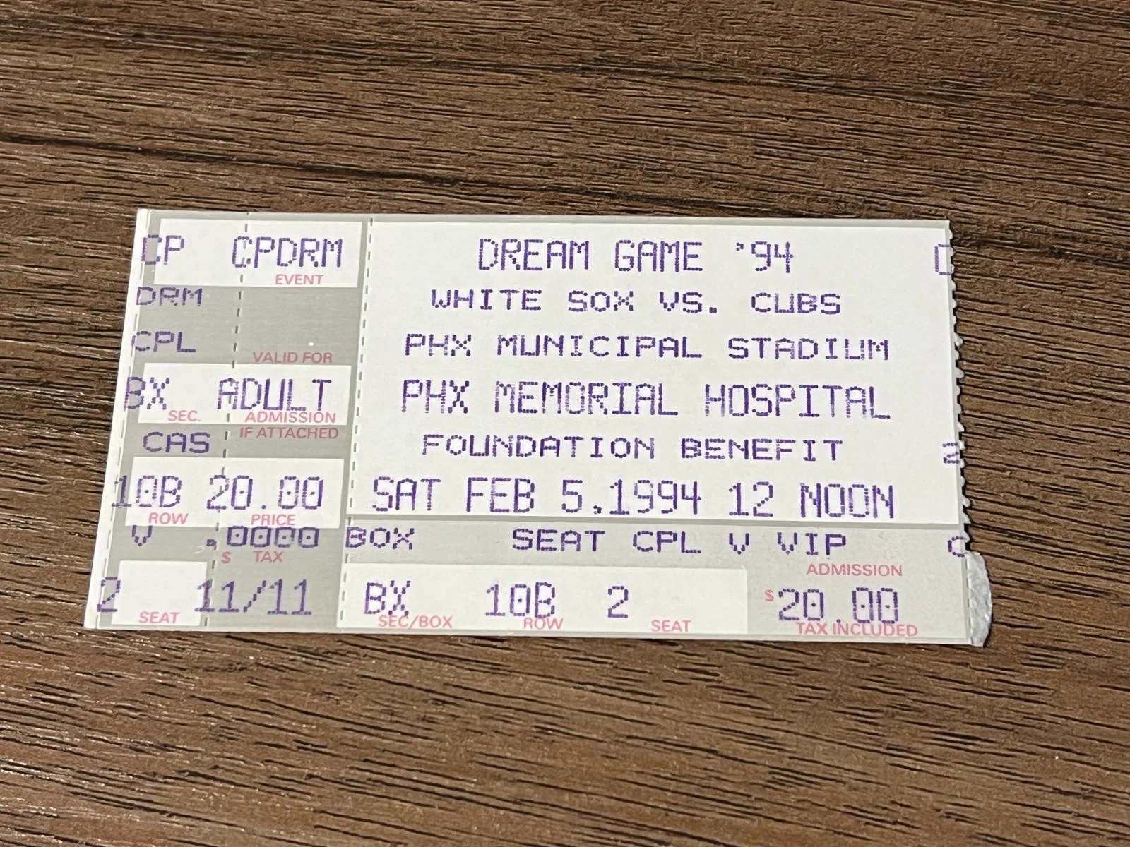 VTG Baseball Ticket 1994 Dream Game White Sox v. Cubs PHX Municipal Hospital
