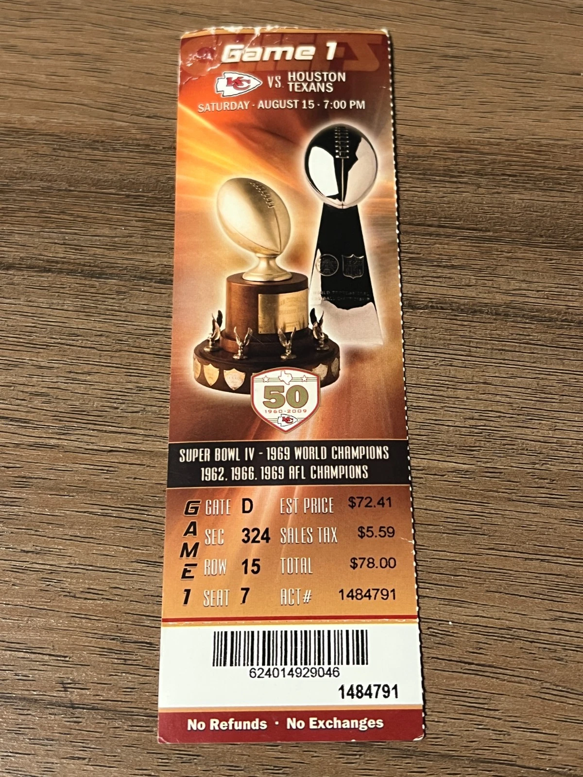 FOOTBALL TICKET STUB ARROWHEAD KANSAS CITY CHIEFS HOUSTON TEXANS 8/15 2009