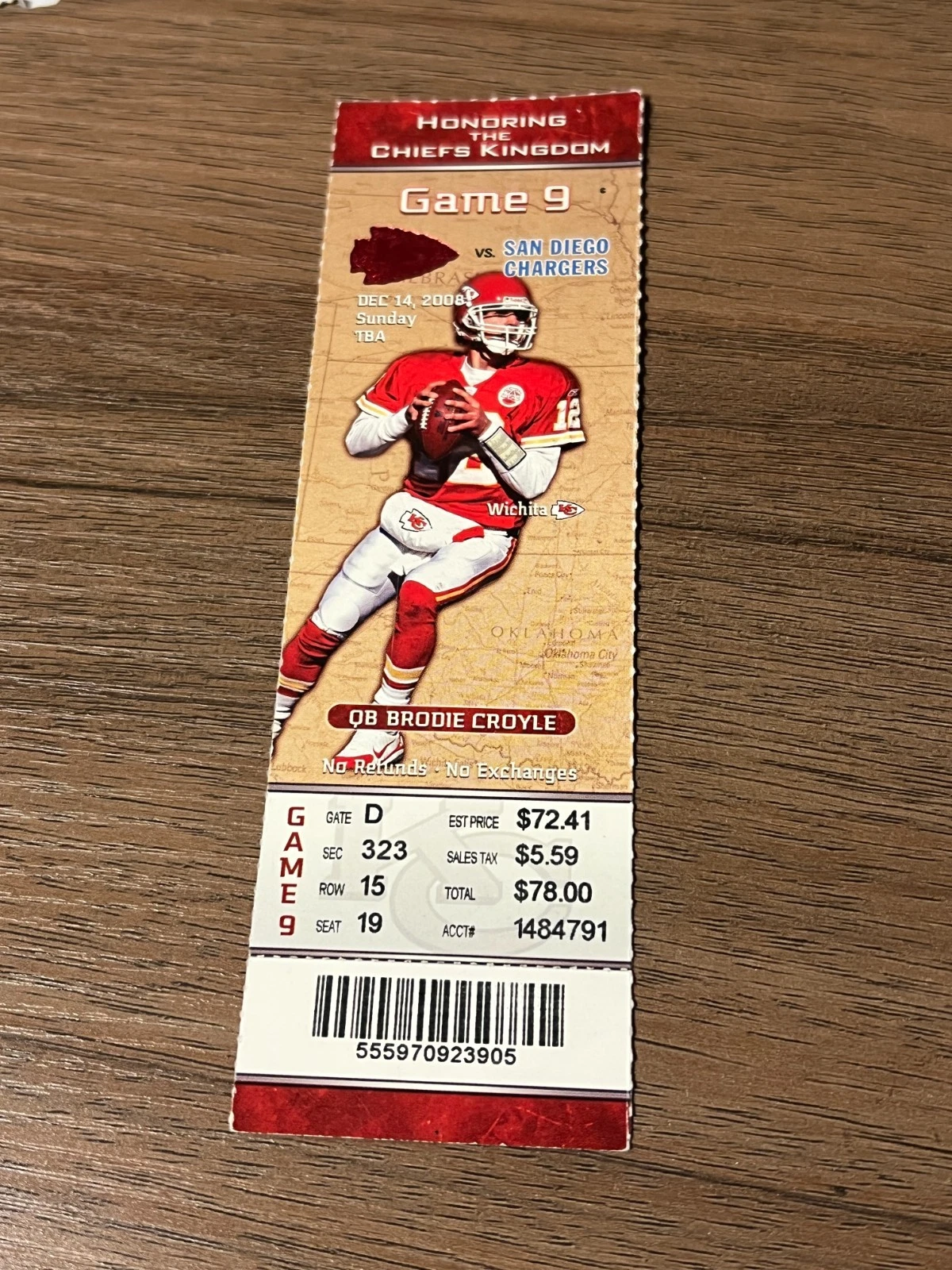 FOOTBALL TICKET STUB ARROWHEAD 2008 KANSAS CITY CHIEFS SAN DIEGO CHARGERS 12/14