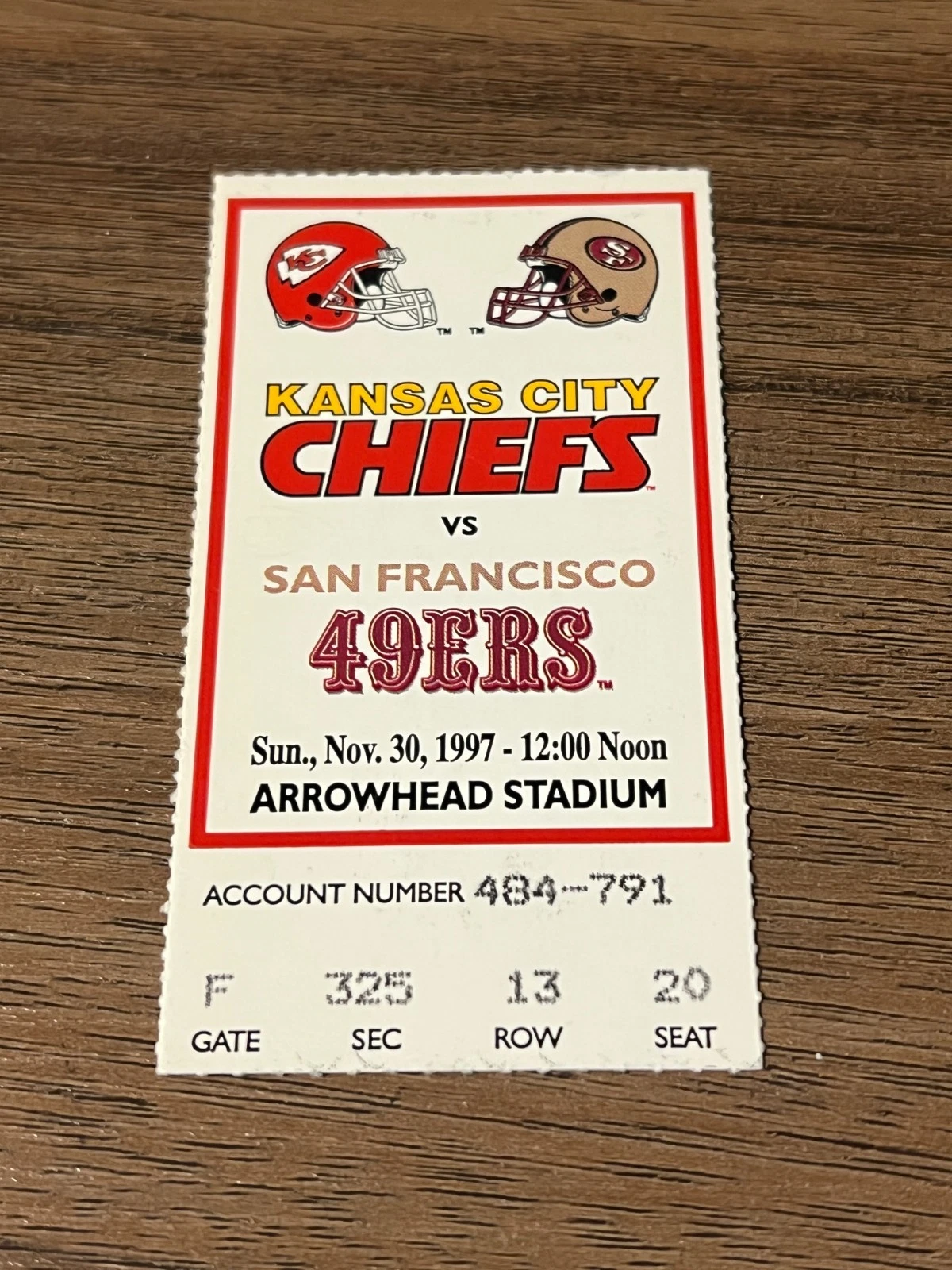 FOOTBALL TICKET STUB ARROWHEAD KANSAS CITY CHIEFS SAN FRANCISCO 49ers 11/30 1997