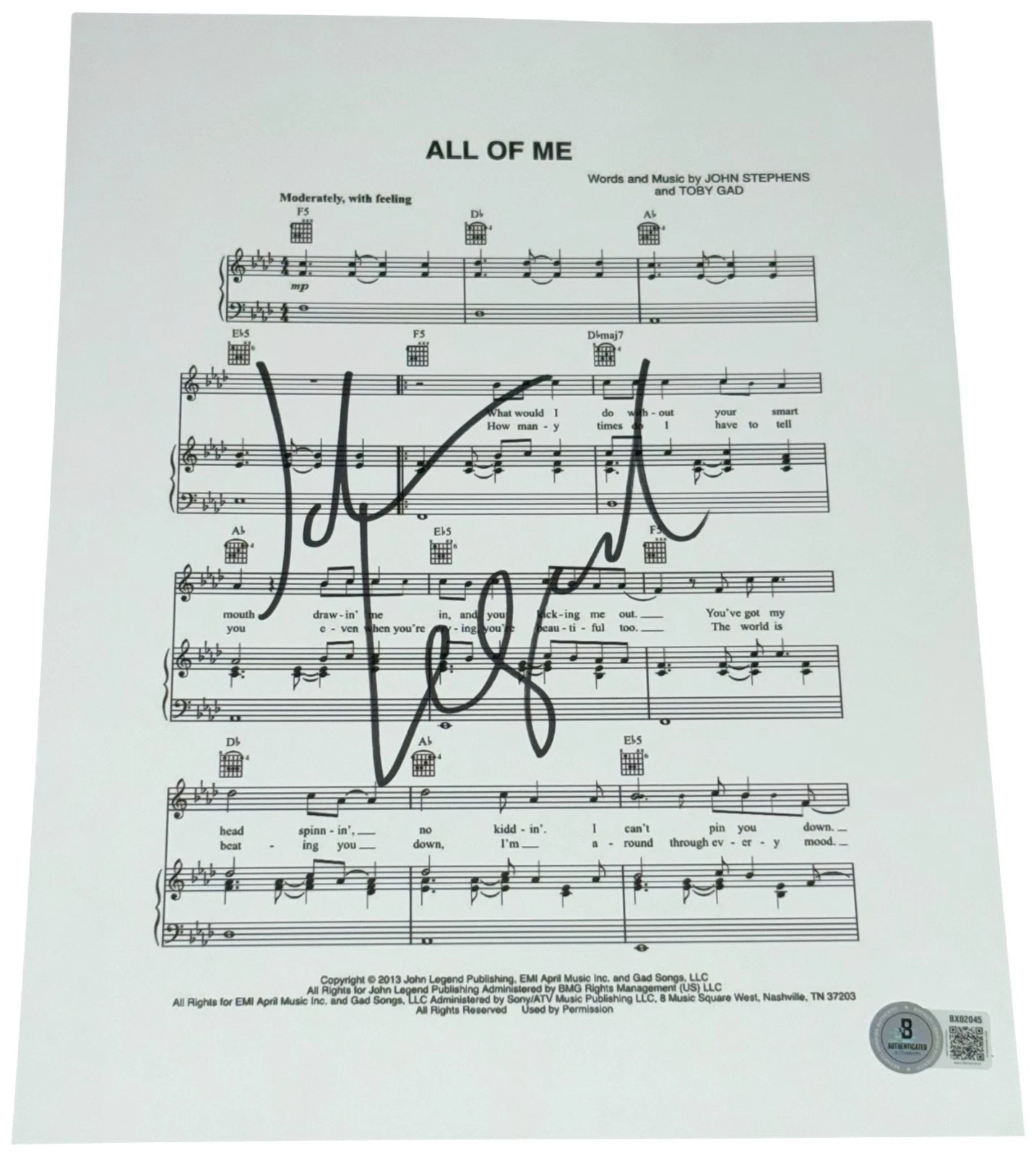 JOHN LEGEND SIGNED AUTOGRAPH ALL OF ME LYRIC SHEET MUSIC AUTHENTIC BECKETT BAS COLLECTIBLE MEMORABILIA