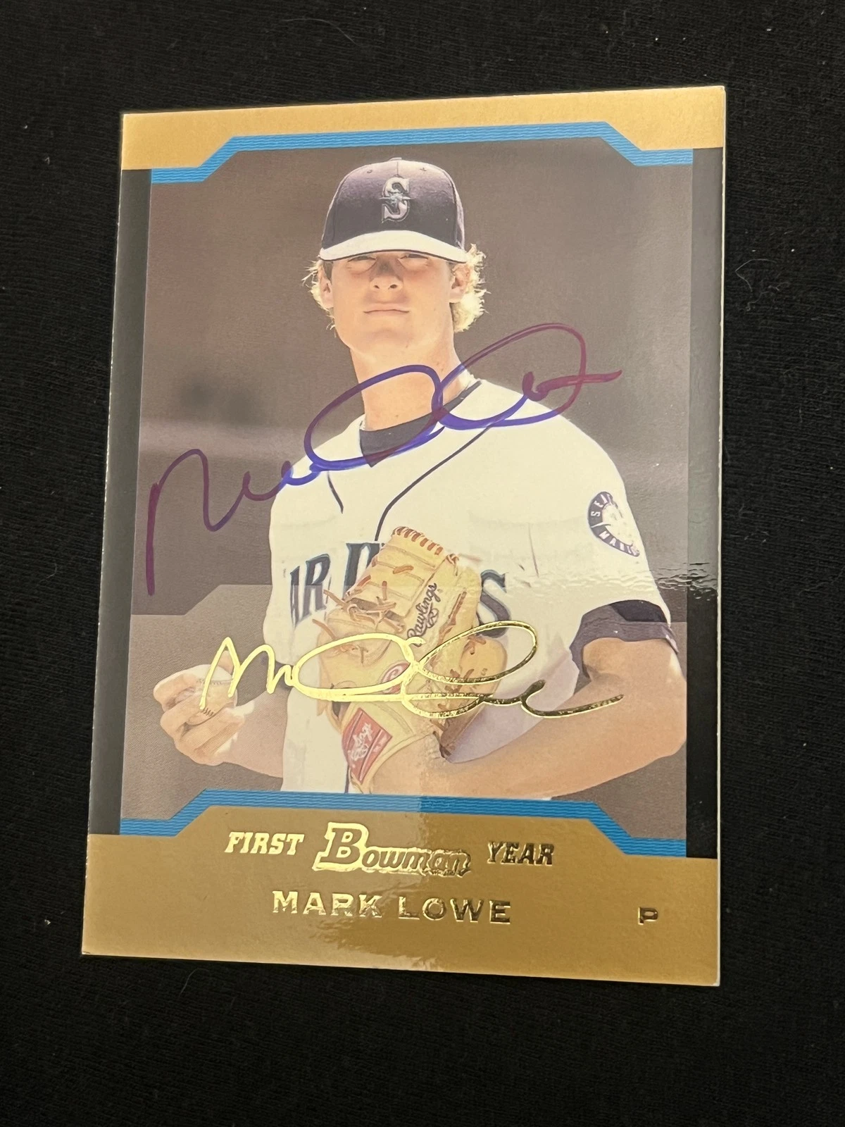 Signed Baseball Card Auto Mark Lowe 2004 Bowman #BDP57 Mariners Gold