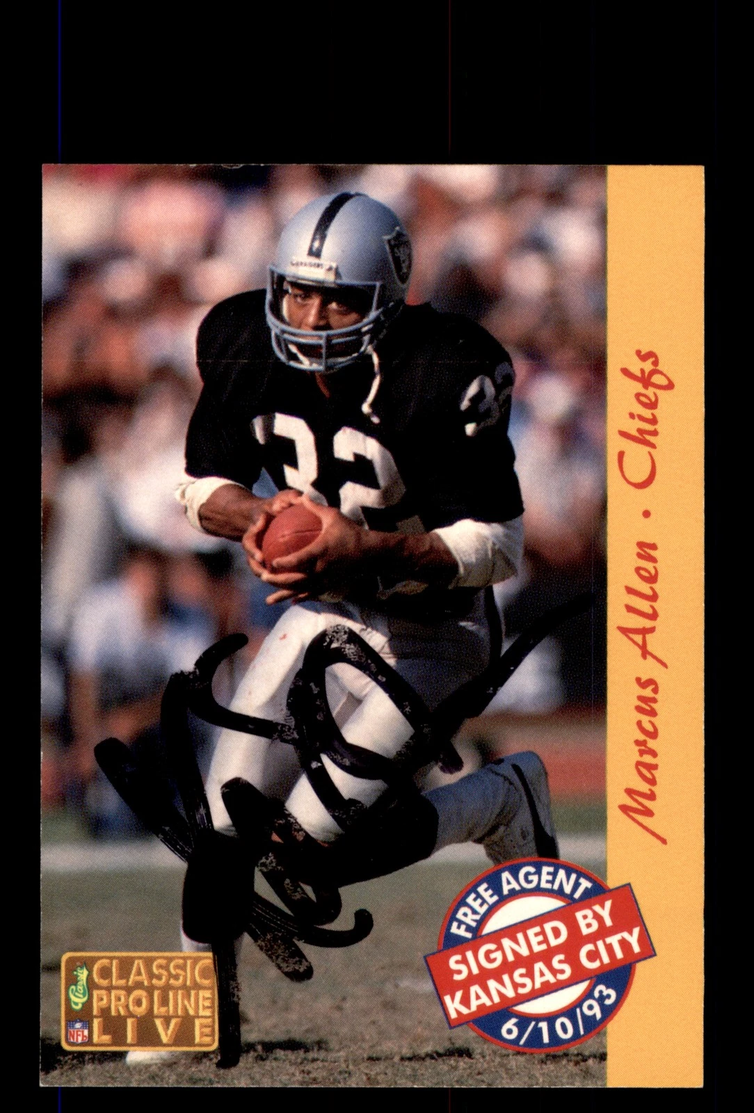 Signed Football Card Auto Marcus Allen 1993 Pro Line Live #125 Raiders Chiefs