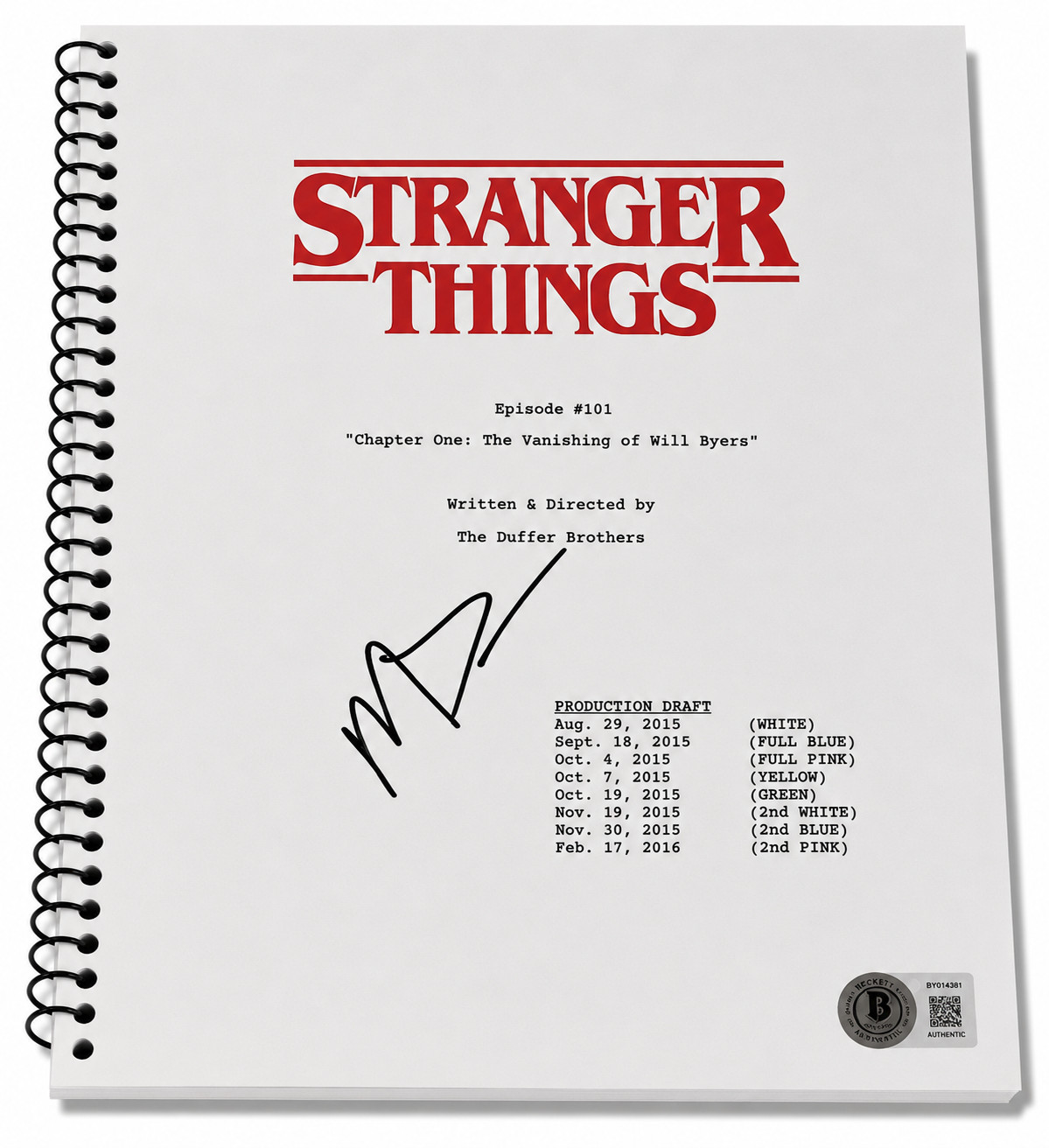 Matt Duffer Signed Autograph Stranger Things Pilot Script Screenplay Beckett BAS