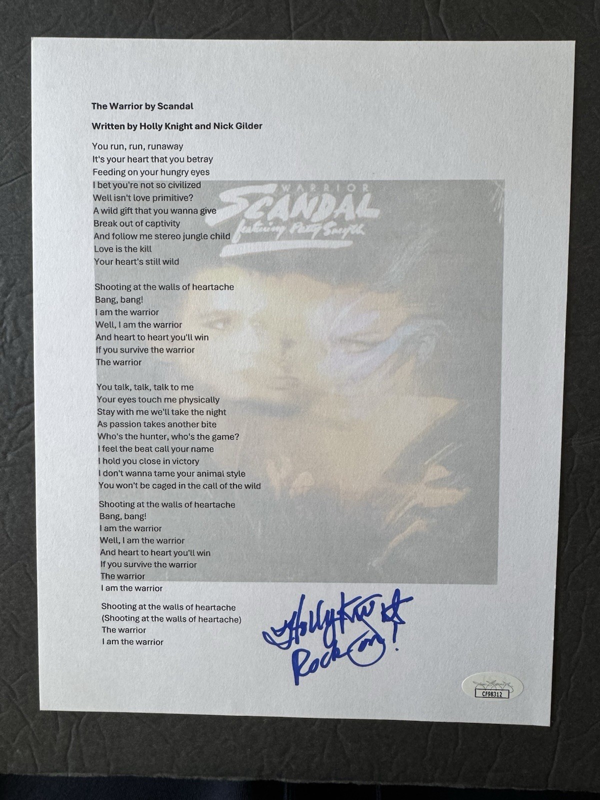 HOLLY KNIGHT Signed THE WARRIOR Lyric Sheet JSA Songwriter Autograph Scandal