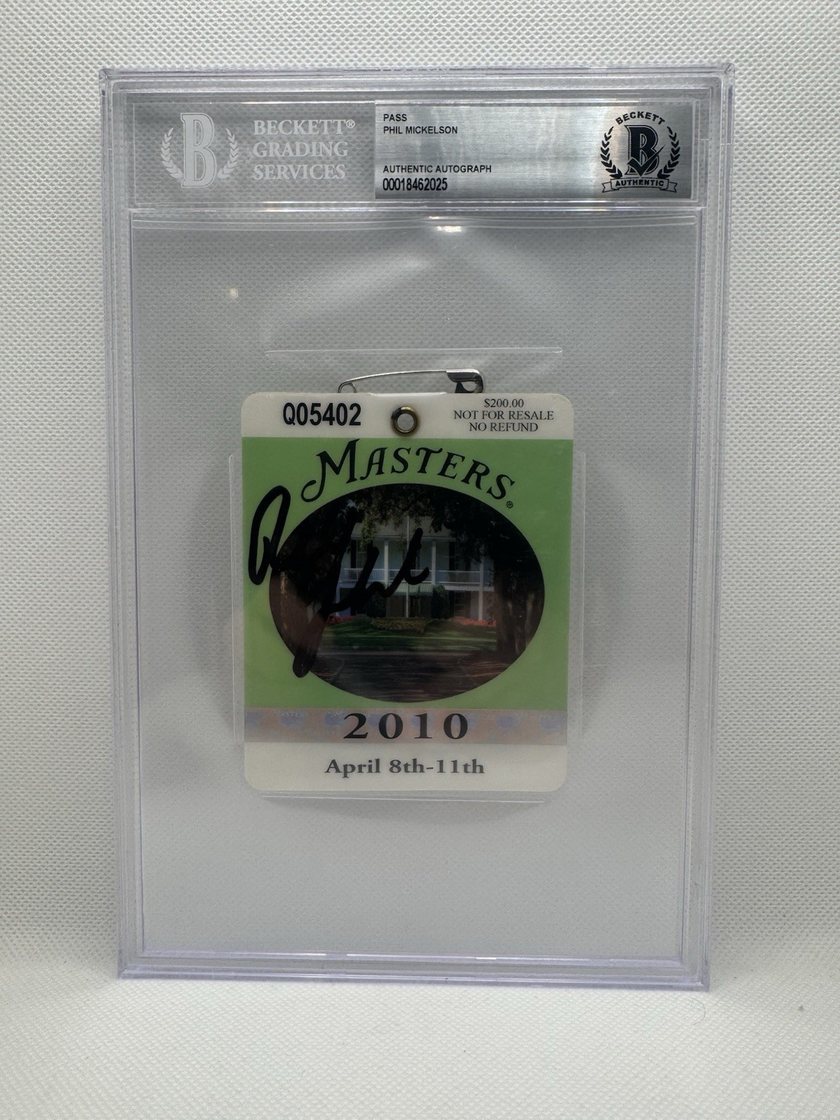 Phil Mickelson Signed 2010 Masters Badge Champion PGA Beckett Slabbed Golf BAS