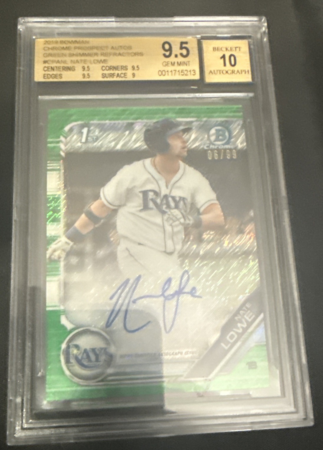 2019 Bowman Chrome NATHANIEL NATE LOWE Auto GREEN SHIMMER Rookie /99 BGS 9.5 10