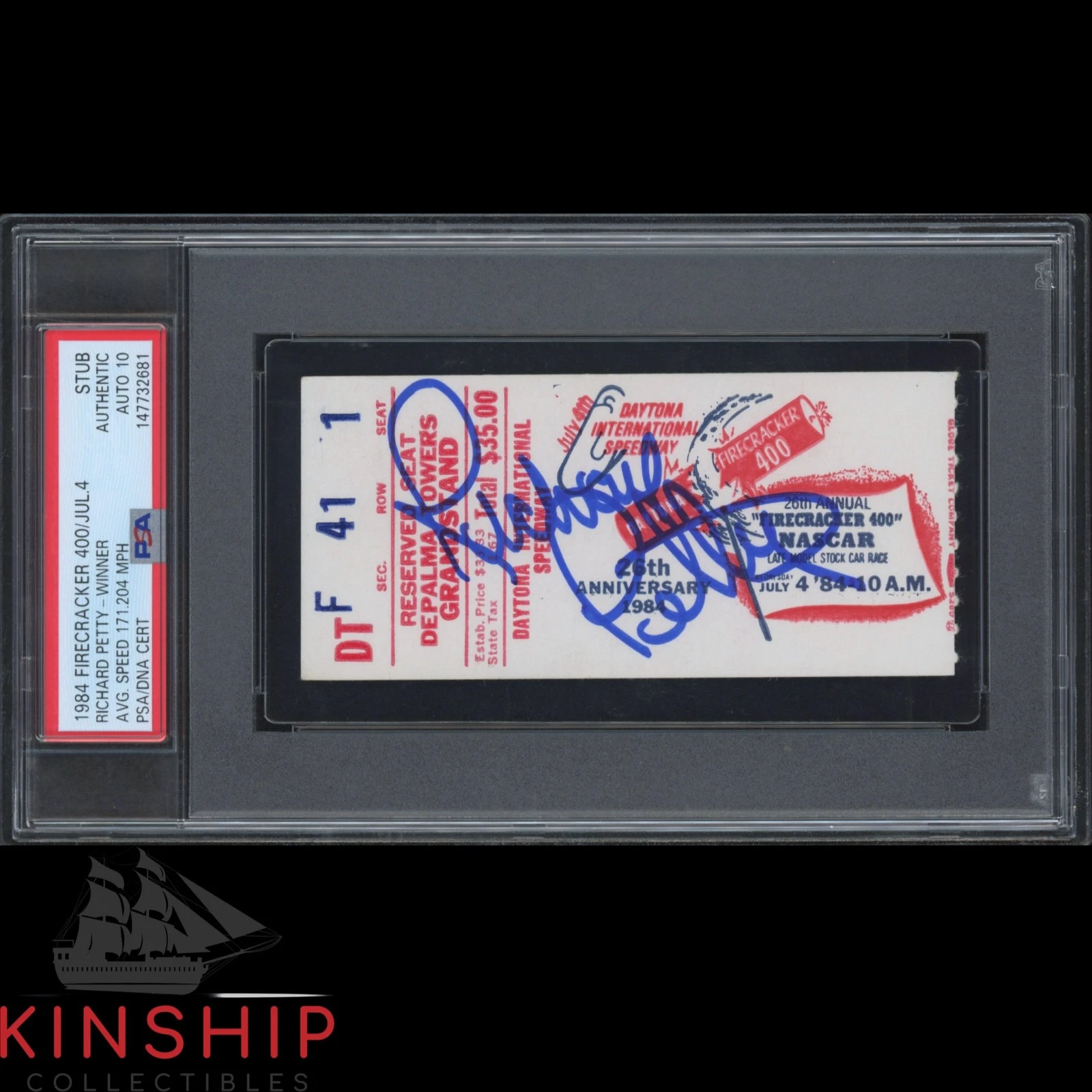Richard Petty signed 1984 Firecracker 400 Ticket #200 Win PSA DNA Auto 10 C6059
