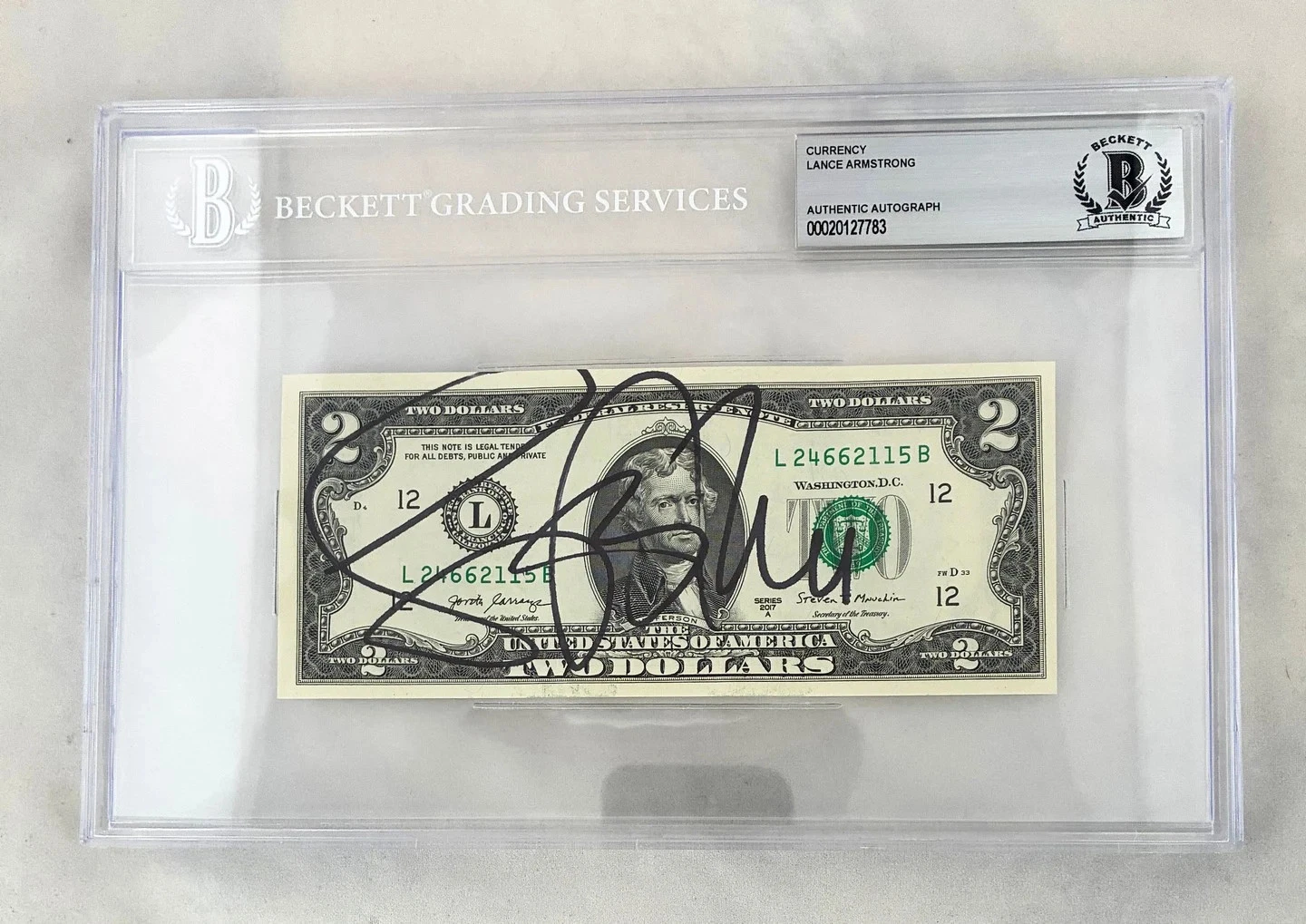 Lance Armstrong Signed $2 Bill US Currency Tour de France Beckett BAS 1 COA