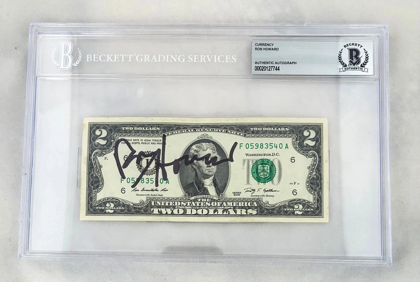 Ron Howard Signed $2 Bill US Currency Beckett BAS 1 COA
