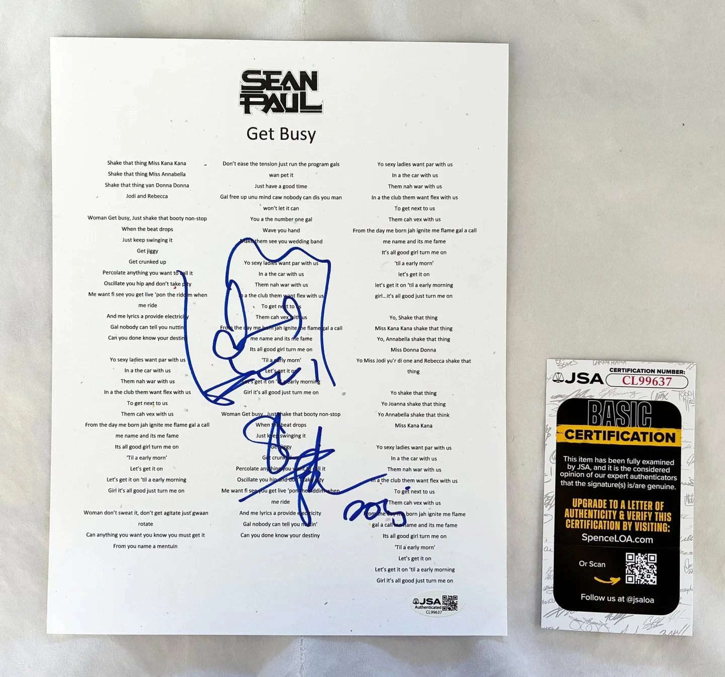 Sean Paul Signed Lyric Sheet Get Busy JSA 1 COA