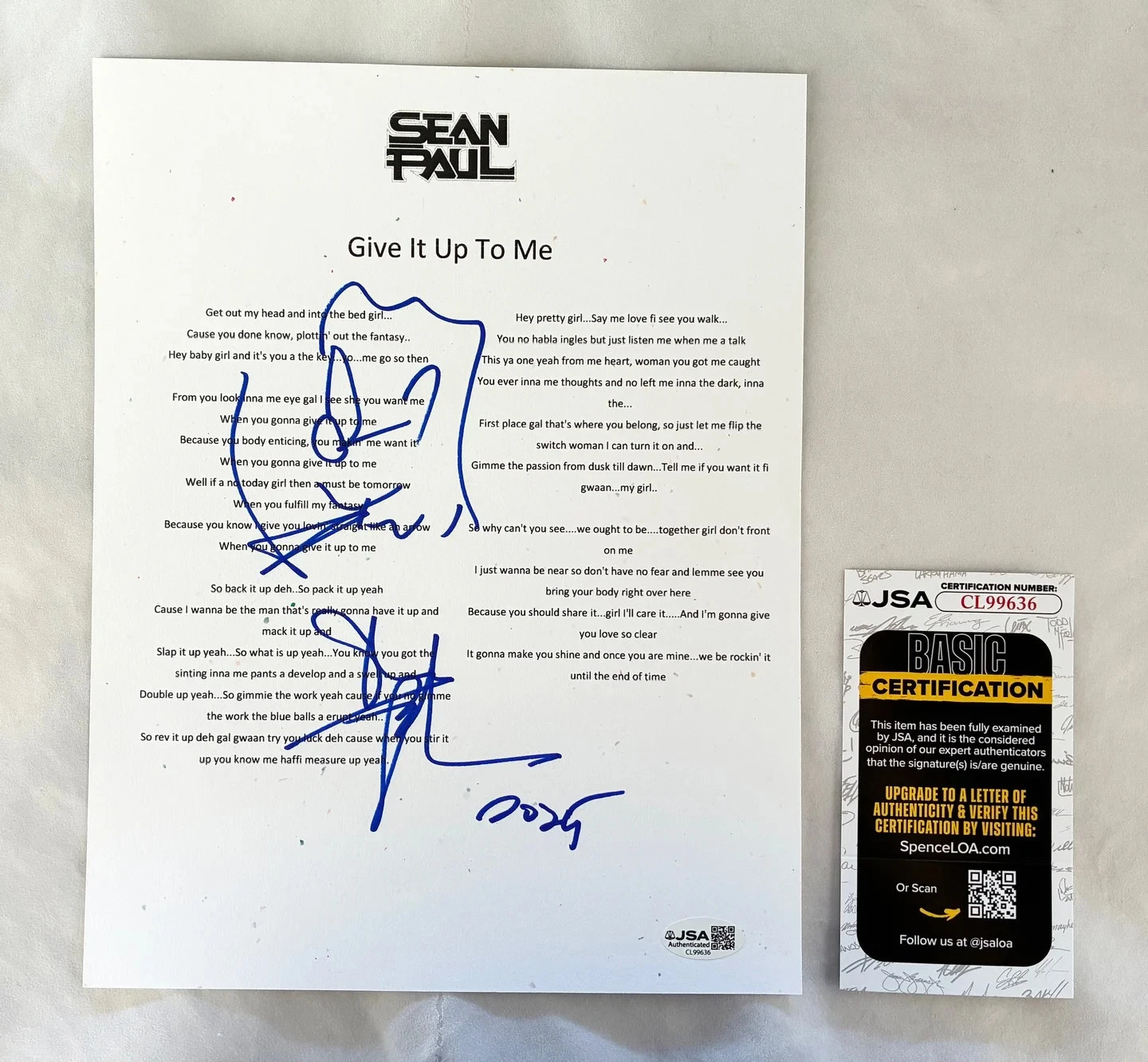 Sean Paul Signed Lyric Sheet Give It Up To Me JSA COA