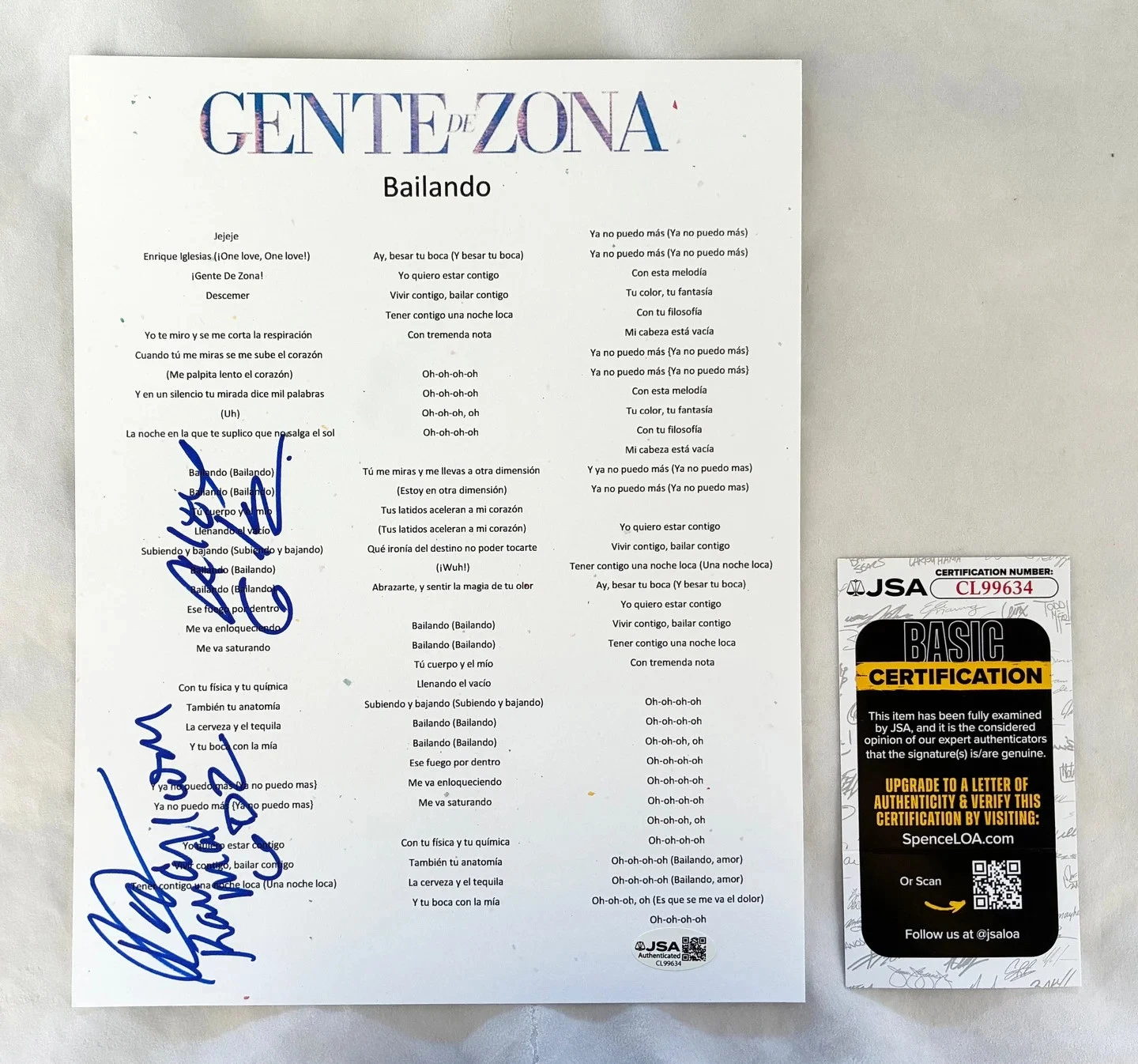 Gente De Zona Alexander Delgado and Randy Malcom Signed Lyric Sheet Bailando ...