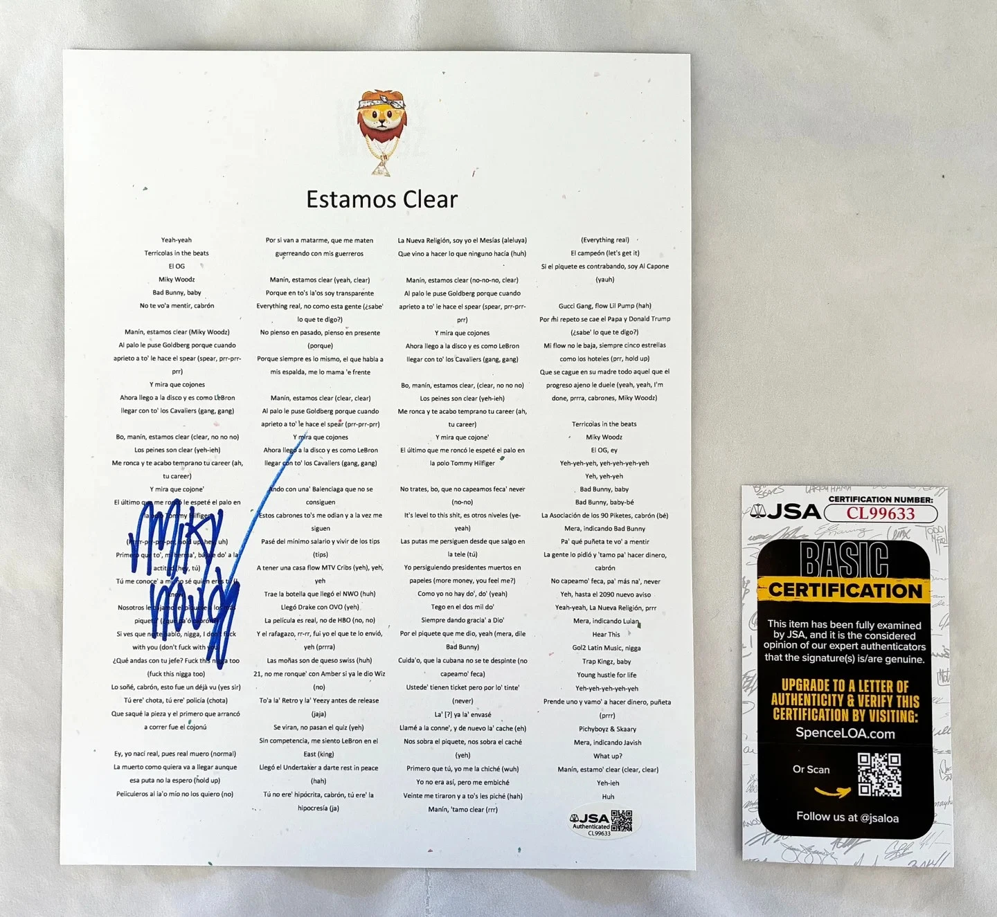 Miky Woodz Signed Lyric Sheet Estamos Clear JSA COA
