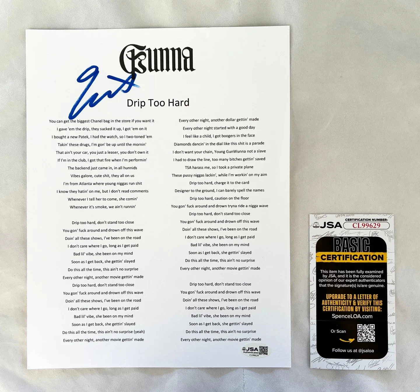 Gunna Signed Lyric Sheet Drip Too Hard JSA COA
