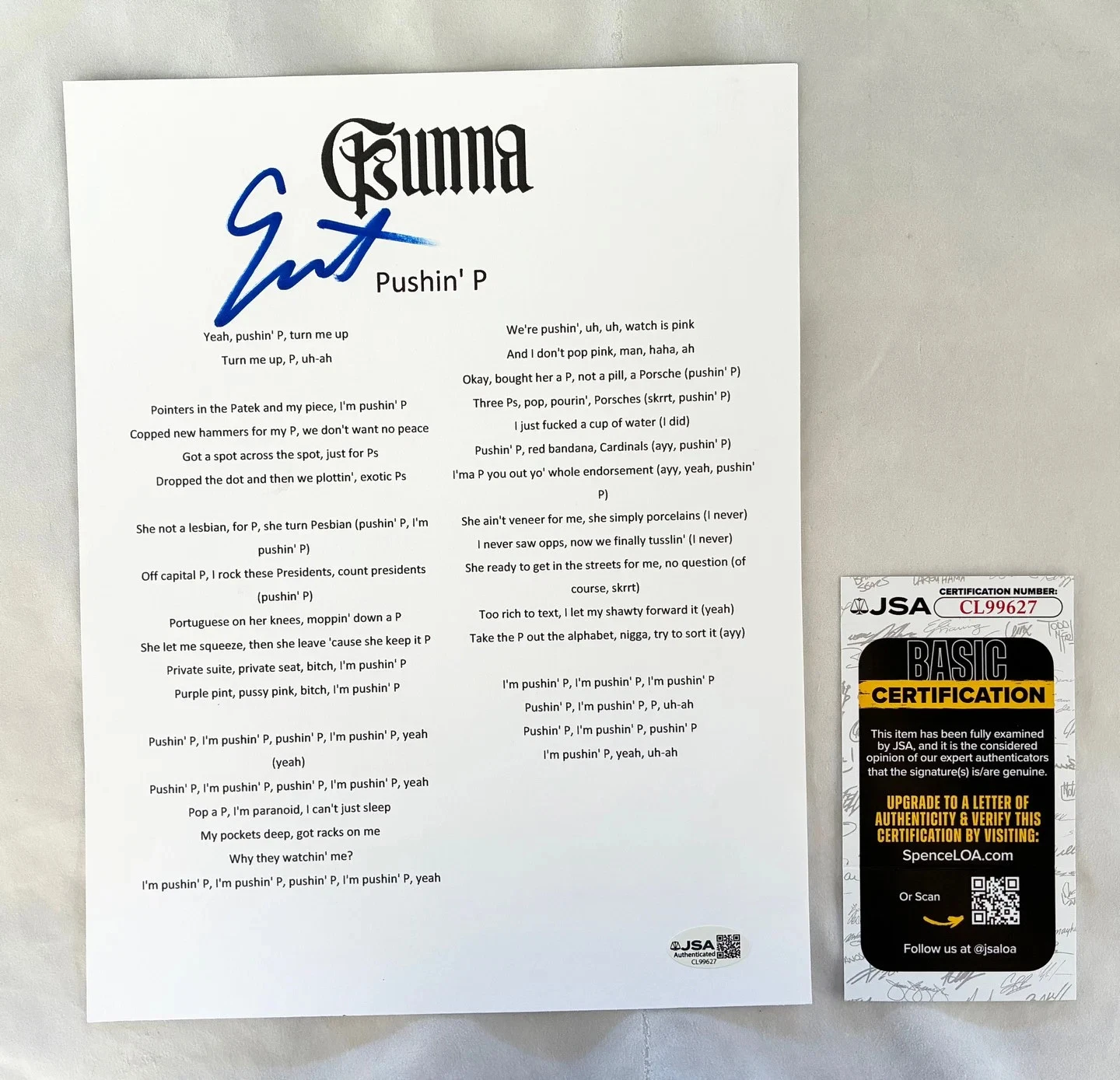 Gunna Signed Lyric Sheet Pushin' P JSA COA