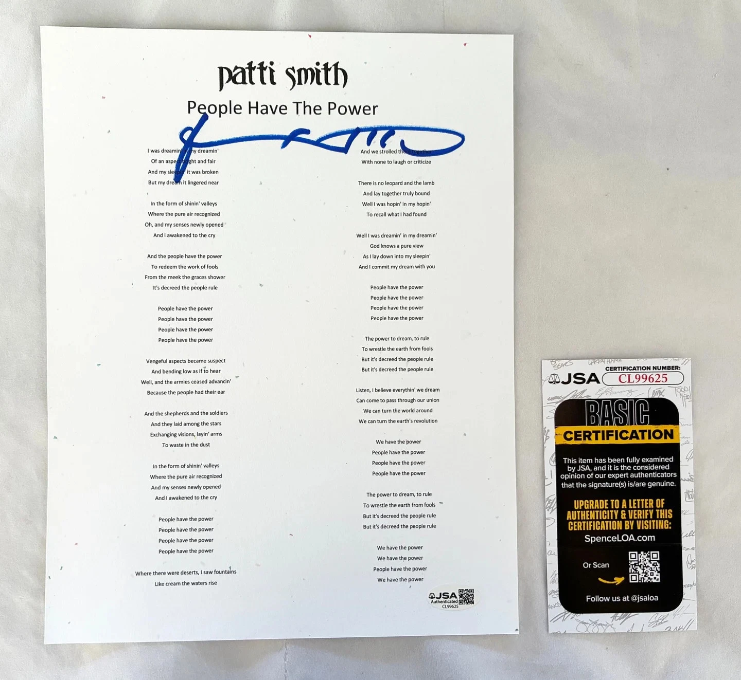 Patti Smith Signed Lyric Sheet People Have The Power JSA COA