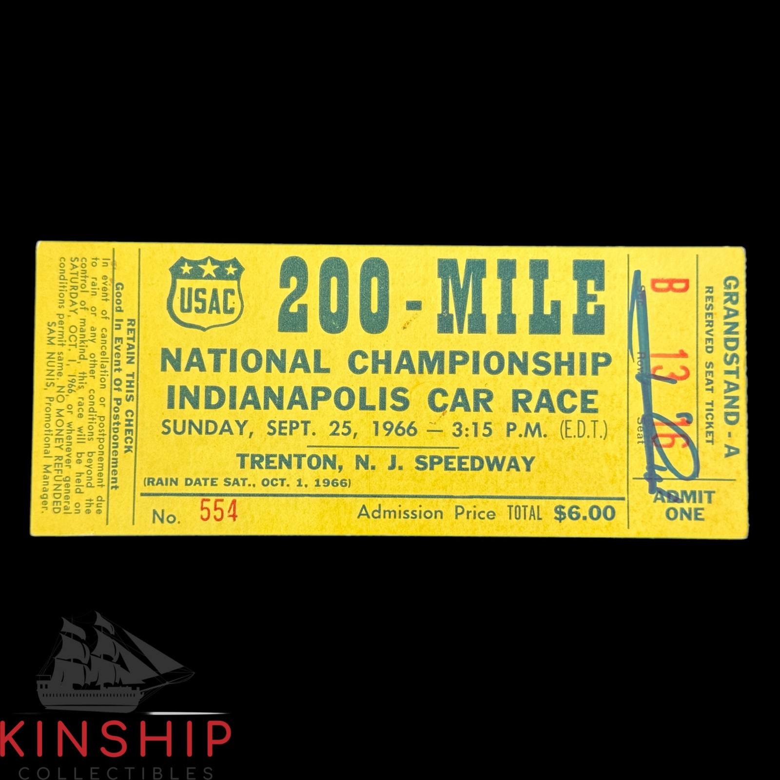 Mario Andretti signed 1966 200-Mile USAC Race Ticket JSA COA NASCAR F1 Z2590