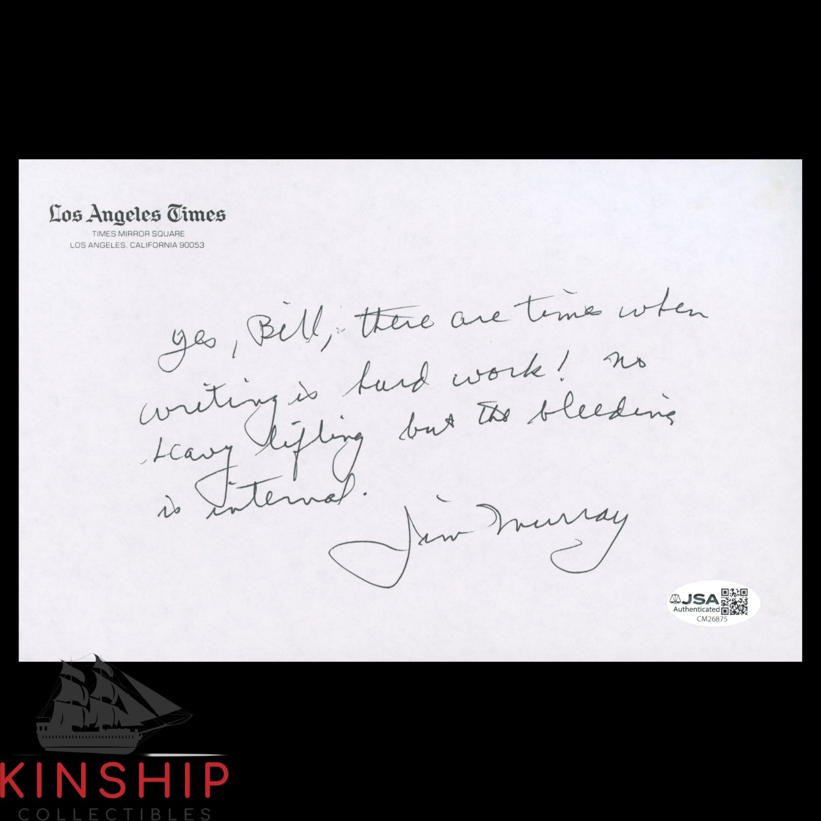 Jim Murray signed Handwritten Note JSA COA HOF Spink Writer BBWAA Z2603