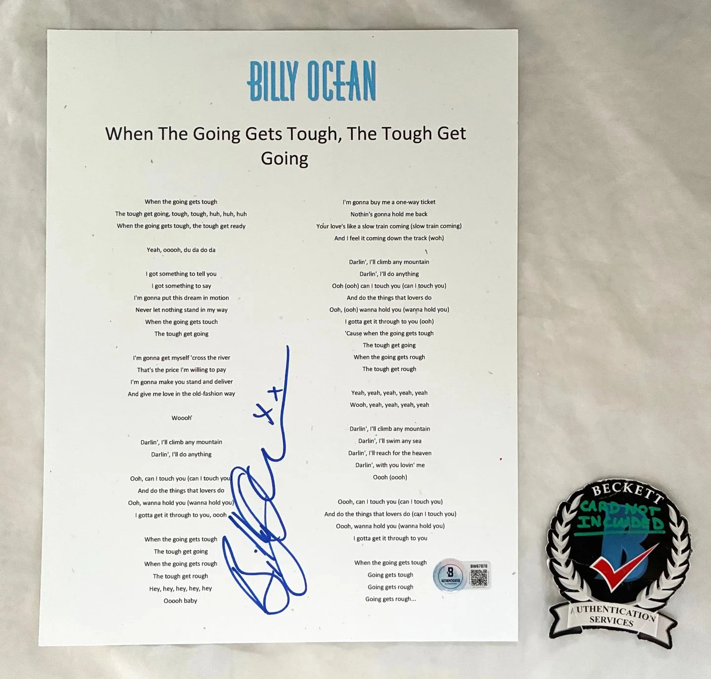Billy Ocean Signed Lyric Sheet When The Going Gets Tough Beckett BAS 1 COA