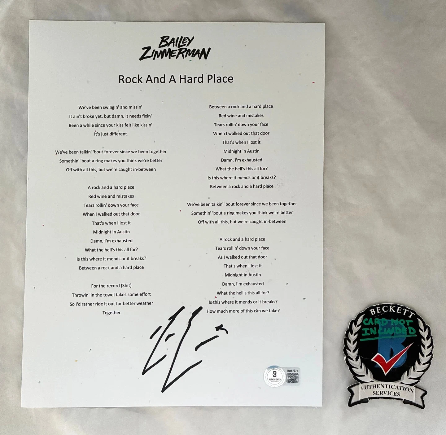 Bailey Zimmerman Signed Lyric Sheet Rock and A Hard Place Beckett BAS COA