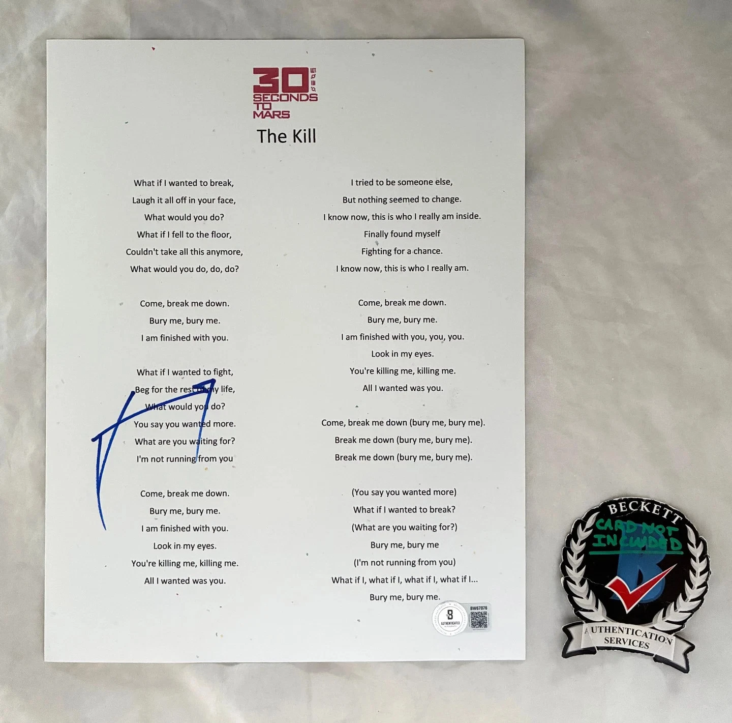 Jared Leto Signed Lyric Sheet 30 Seconds To Mars The Kill Beckett BAS COA
