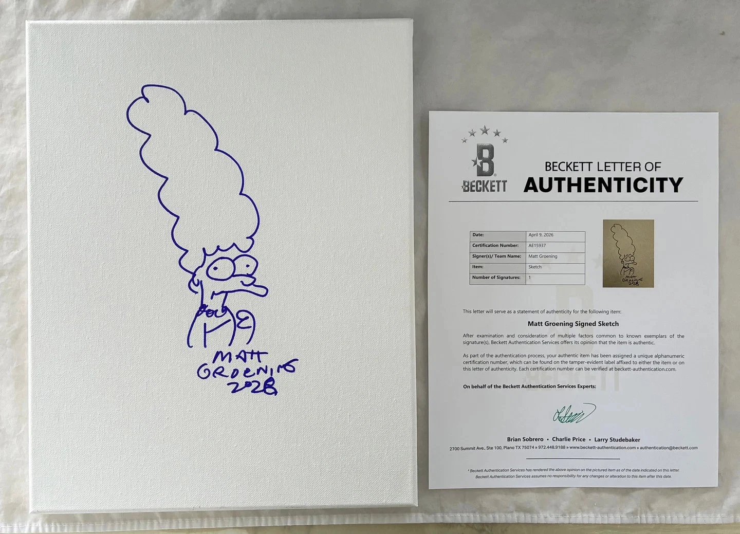 MATT GROENING SIGNED 11×14 SKETCH HAND DRAWN CANVAS THE SIMPSONS MARGE BECKET… COLLECTIBLE MEMORABILIA