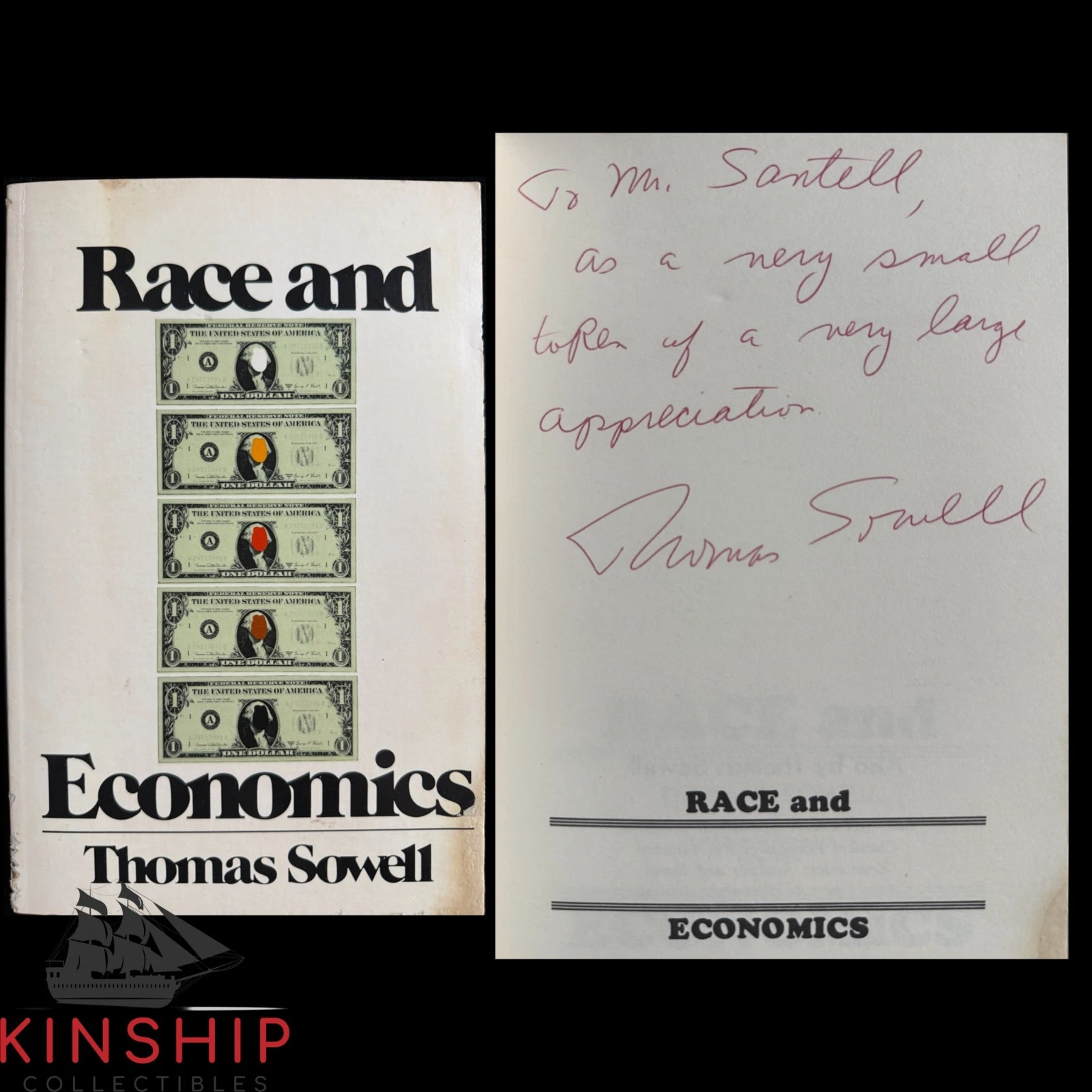 Thomas Sowell signed Race & Economics Book JSA LOA Rare Inscribed Auto E380