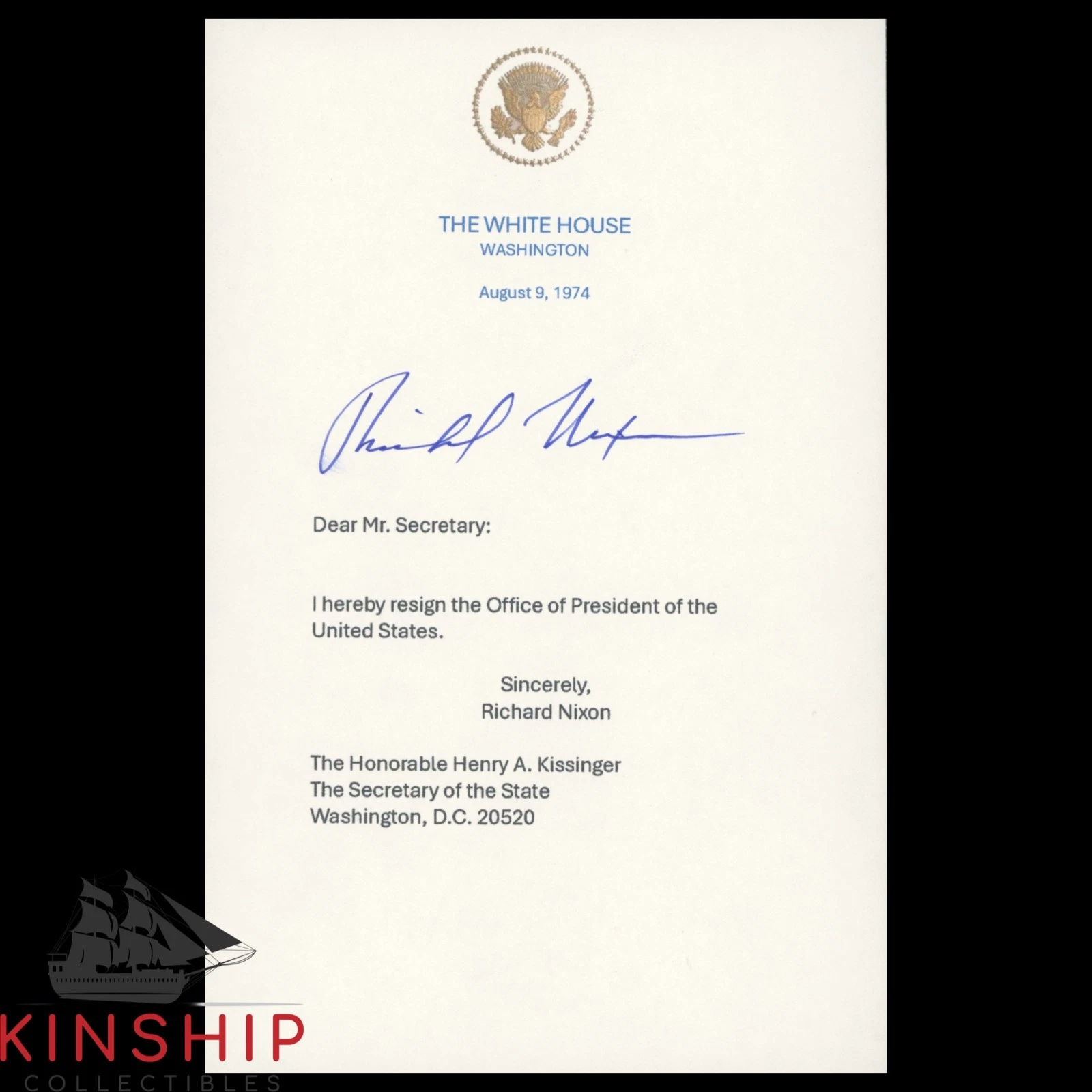 President Richard Nixon signed Resignation Letter Print JSA LOA Auto Z2612