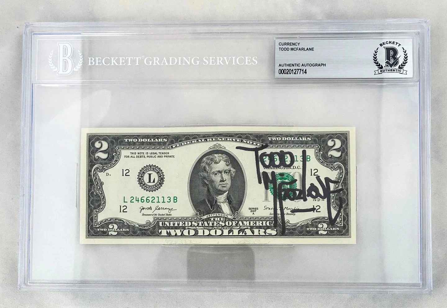 Todd McFarlane Signed $2 Bill US Currency Beckett BAS 1 COA