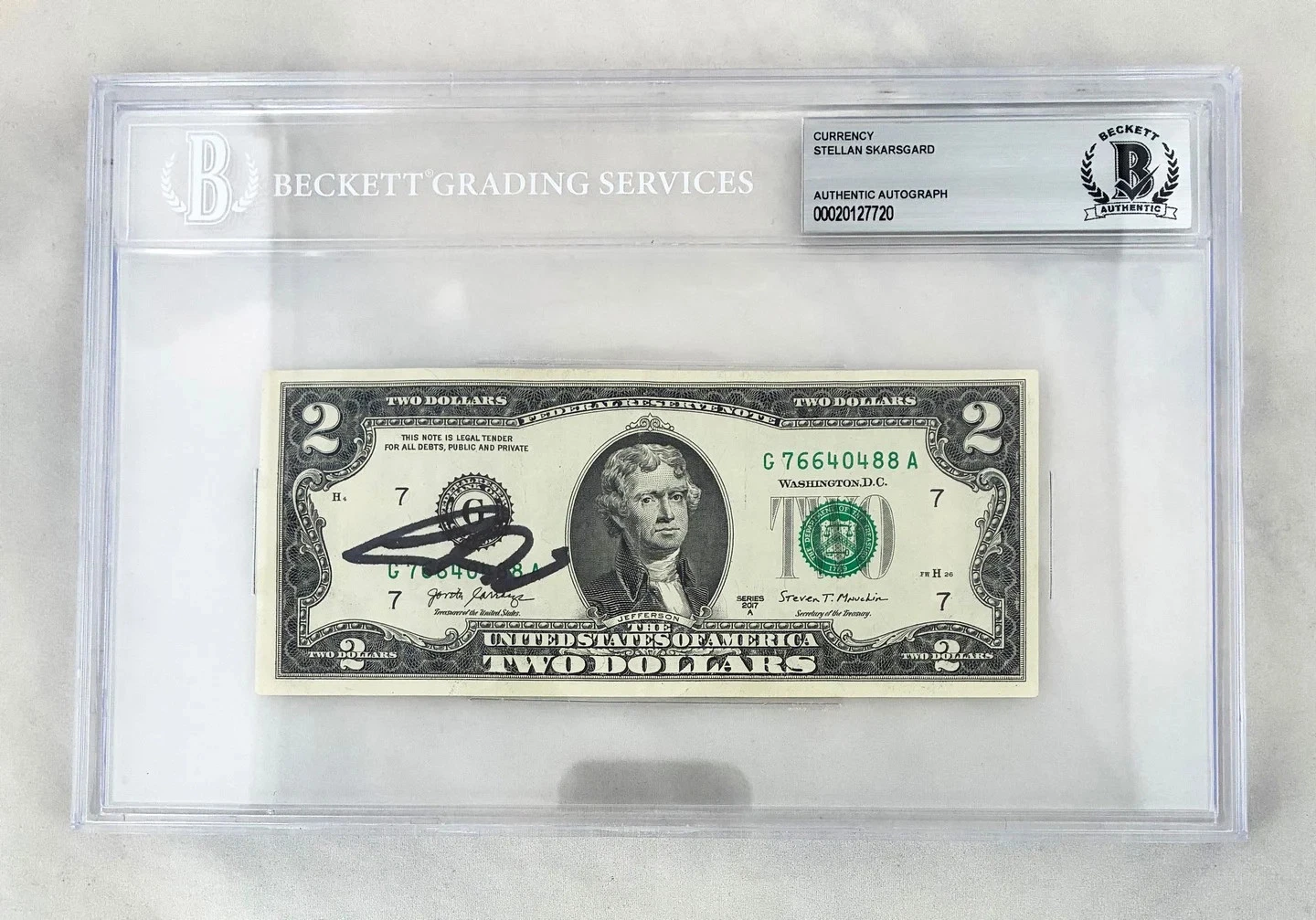 Stellan Skarsgard Signed $2 Bill US Currency Beckett BAS 1 COA