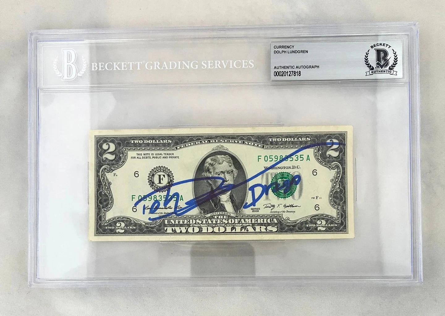 Dolph Lundgren Signed $2 Bill US Currency Beckett BAS 1 COA